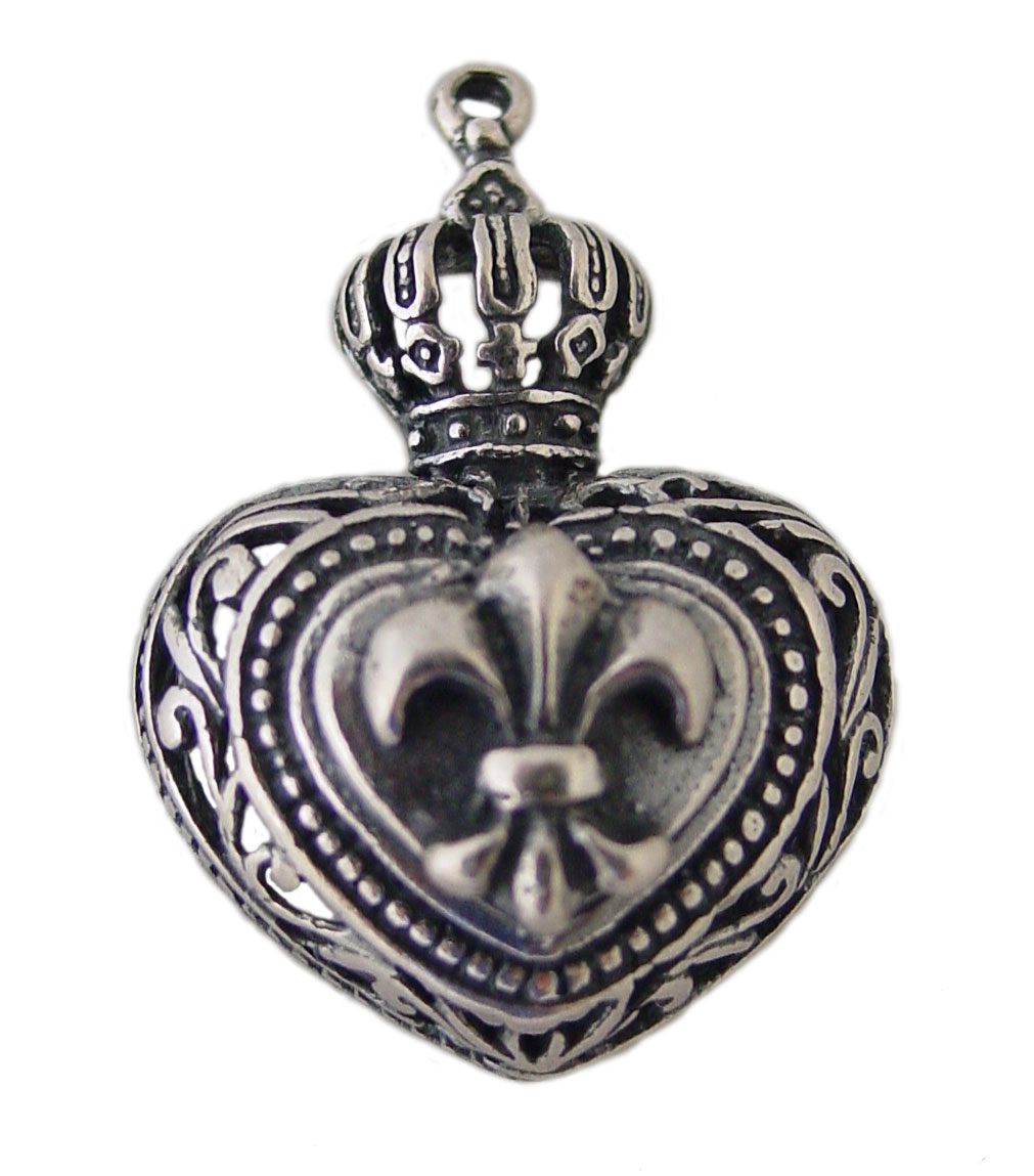 Sterling Silver Heart Crown & Fleur De Lis Pendant Charm